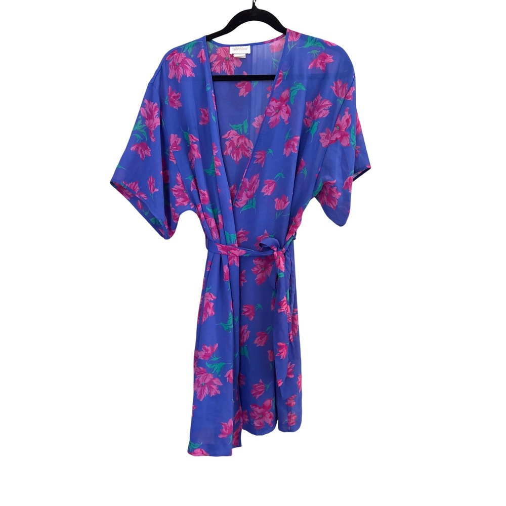 Barbizon Robe Women Blue Pink Floral Vintage Short Sleeve Belted SIZE Medium